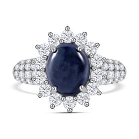 Diffundierter Stern blauer Saphir, Moissanit Ring, 925 Silber rhodiniert (Größe 20.00) ca. 7.90 ct