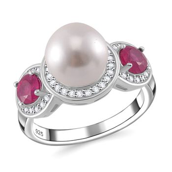 Wei&szlig;e Muschelkernperle, Afrikanischer Rubin (Fissure gef&uuml;llt) Ring 925 Silber platiniert (Gr&ouml;&szlig;e 16.00)