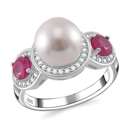 Wei&szlig;e Muschelkernperle, Afrikanischer Rubin (Fissure gef&uuml;llt) Ring 925 Silber platiniert (Gr&ouml;&szlig;e 16.00)