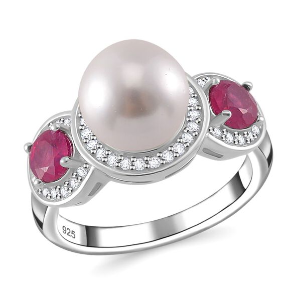 Wei&szlig;e Muschelkernperle, Afrikanischer Rubin (Fissure gef&uuml;llt) Ring 925 Silber platiniert (Gr&ouml;&szlig;e 16.00)