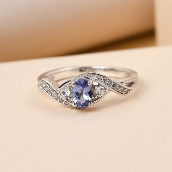 Tansanit und wei&szlig;er Zirkon-Ring, 925 Silber platiniert  ca. 0,67 ct