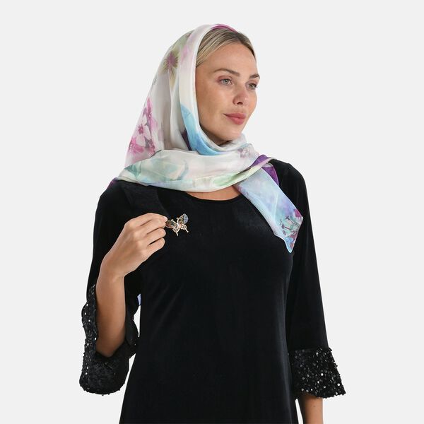 LA MAREY Seiden-Foulard aus 100% Maulbeerseide und Schmetterling-Seidenbrokat-Brosche, 110x110 cm, Mehrfarbig image number 4