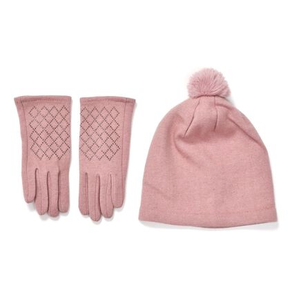 LA MAREY - 2er-Set Elegante Kaschmir M&uuml;tzen und Handschuhen mit Mikropl&uuml;sch Futter, Rosa