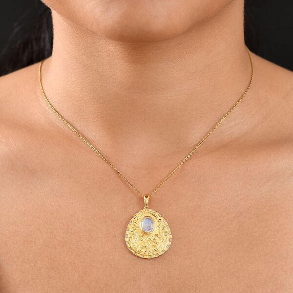 Regenbogen Mondstein, Weißer Zirkon Anhänger Messing E-Überzug Gelb Gold ca. 1,98 ct. image number 3