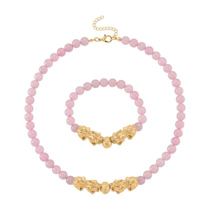 Rosenquarz Schmuckset Legierung gelb vergoldet ca. 430.00 ct