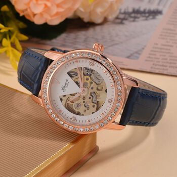 GENOA TIME V2 Automatik-Uhr mit Mechanischem Uhrwerk, Ros&eacute;goldfarbenem Geh&auml;use und Rosa Lederarmband