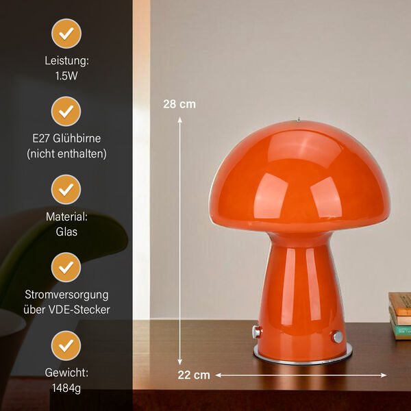 Minimalistische Glas-Pilzlampen mit Touch-Steuerung, Gr&ouml;&szlig;e 22x28cm, Orange image number 3