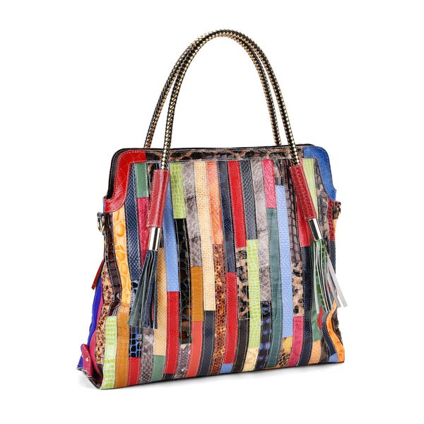 Chaos by Elsie Crossbody-Tasche aus echtem Leder, Multicolor mit gl&auml;nzender Krokopr&auml;gung im Streifenmuster, RFID-Schutz und Mini-Taschenlampe, 42x12x36 cm image number 7