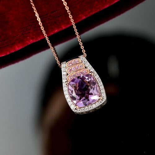 D'joy AA Rose De France Amethyst, Moissanit Anhänger mit Kette (ca. 50 cm), 925 Silber 750 Roségold Vermeil ca. 5,71 ct. image number 1