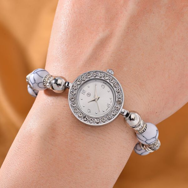 STRADA - Weißer Howlit, Weißer Kristall Armband-Uhr, Japanisches UJhrwerk, ca. 18-19cm, Schwarz oxidiert image number 2