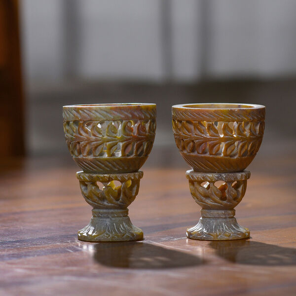 NAKKASHI handgeschnitzter Speckstein Eierbecher, Geometrisches Design, 2 teilig image number 2