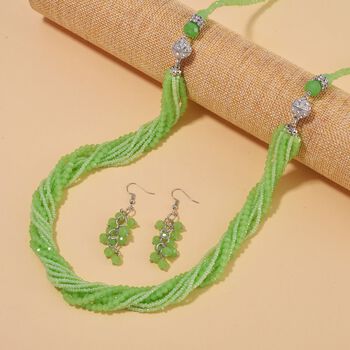 2er Set - Hellgr&uuml;n Kristall, Wei&szlig;er Kristall Halskette und Ohrringe