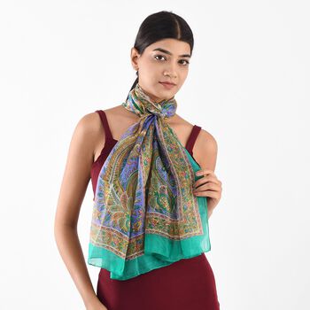 100% satin-Seidenschal, bedruckt mit Kartenmuster, 50x160cm, Gr&uuml;n