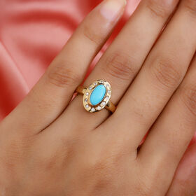 Natürlicher Sleeping Beauty Türkis und Zirkon Halo Ring 925 Silber 585 Vergoldet