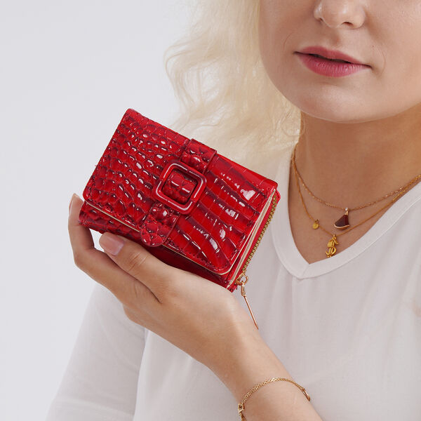 Stilvolle Geldbörse mit Krokodilprägung und RFID-Schutz, 11x8 cm, Rot image number 3