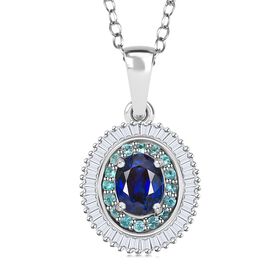 RHAPSODY zertifiziert und geprüft AAAA ceylonfarbener blauer Saphir, Paraiba Turmalin und VS Diamant Anhänger mit 45cm Kette in 950 Platin - 1,52 ct.
