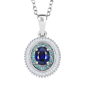 RHAPSODY zertifiziert und gepr&uuml;ft AAAA ceylonfarbener blauer Saphir, Paraiba Turmalin und VS Diamant Anh&auml;nger mit 45cm Kette in 950 Platin - 1,52 ct.