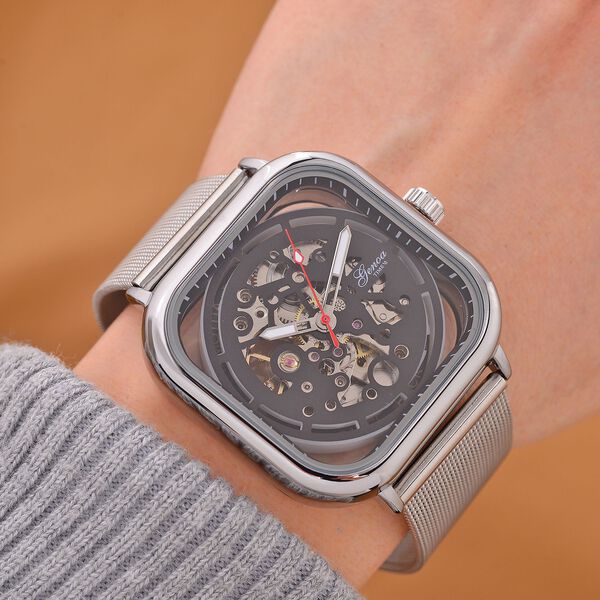 GENOA TIME V2 42mm Automatische Mechanikuhr - Schwarzes hohles Zifferblatt, Gehäuse aus Legierung mit IPS-Beschichtung, Edelstahl-Mesh-Armband,  3 ATM wasserdicht, Reiner Edelstahl 8.5 cm image number 3