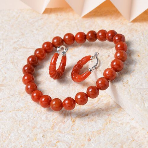 2er Set - Rote Jade Armband und Ohrringe Schmuckset, 925 Silber rhodiniert ca. 129.00 ct image number 1