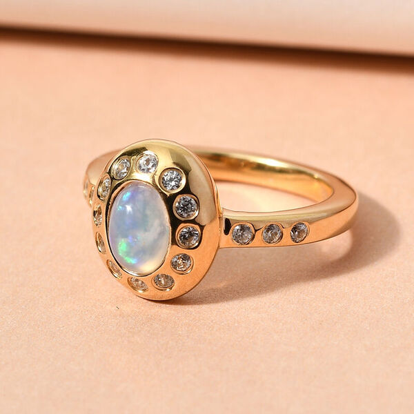 Nat&uuml;rlicher &Auml;thiopischer Opal und Zirkon Ring 925 Silber vergoldet  ca. 0,92 ct image number 2