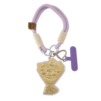 999er Gold Schl&uuml;sselanh&auml;nger im F&auml;cher Design mit Rosenbouquet, Lila Kordel