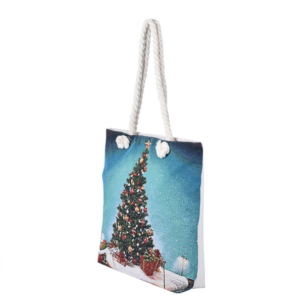 Jute Handtasche, Weihnachtsbaum Muster, Gr&ouml;&szlig;e 42x34x9x37 cm, Blau image number 4