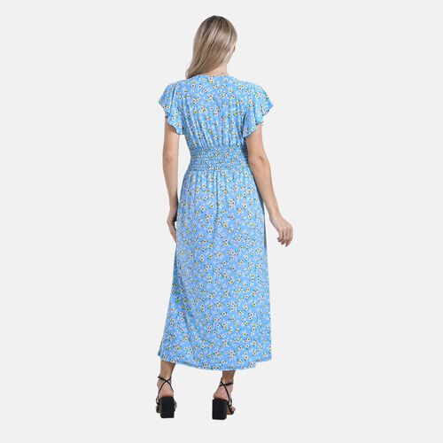   Smocked Waist Maxi Dress with Flutter Sleeve Size:(W13.7XL49inch) (W35*L125cm)size:one sizeColor:blue basic with floralMaterial:100%Viscoseweight:250g   image number 1
