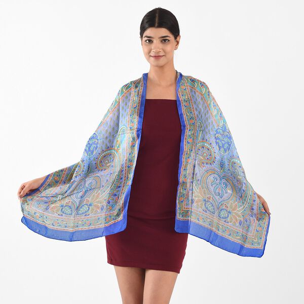 100% satin-Seidenschal, bedruckt mit Kartenmuster, 50x160cm, Blau image number 2