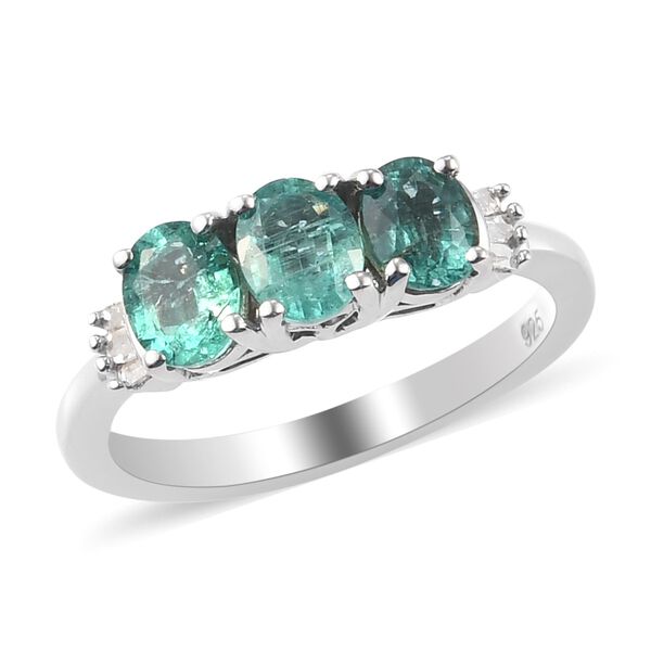Sambischer Smaragd und Diamant 3 Stein Ring 925 Silber Platin-&Uuml;berzug image number 4