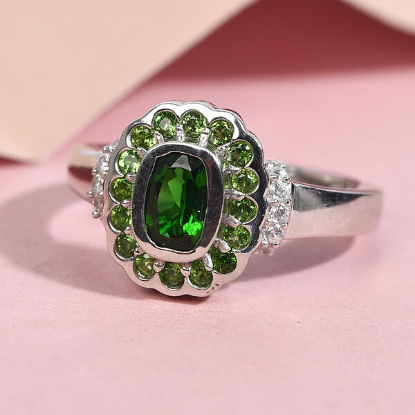 Nat&uuml;rlicher Chromdiopsid und Zirkon Ring 925 Silber platiniert image number 2