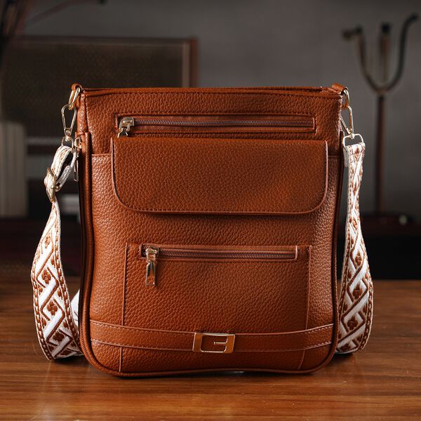 Crossbody-Tasche mit gewebtem Schulterriemen und Reißverschlussfächern, 24x28 cm, Braun image number 2