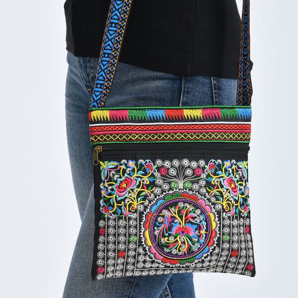 Blumen Stickerei Umhängetasche, verstellbarer Riemen, 23 x 24 cm, Schwarz image number 4