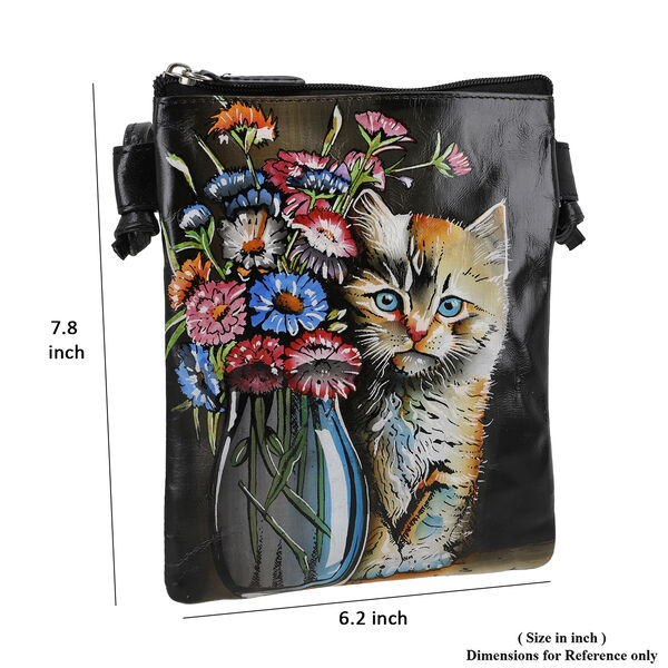 VIVID by SUKRITI Handbemalte Umh&auml;ngetasche aus echtem Leder, Schwarz, 15,75x19,80cm, Zwei Katzen image number 8