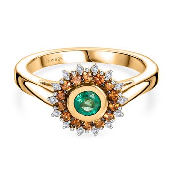 Regal Halo - D joy Kagem Sambischer Smaragd, Brauner Zirkon Ring 925 Silber 750 Gelb Vergoldet (Gr&ouml;&szlig;e 18.00) ca. 0.70 ct