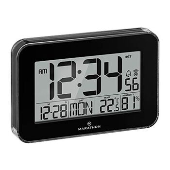CLOSE OUT DEAL MARATHON Designer Atom-Wanduhr mit Temperatur, Luftfeuchtigkeitsanzeige, Kalender, Alarm und Schlummerfunktion, Schwarz