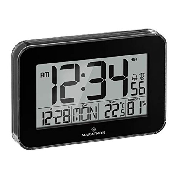CLOSE OUT DEAL MARATHON Designer Atom-Wanduhr mit Temperatur, Luftfeuchtigkeitsanzeige, Kalender, Alarm und Schlummerfunktion, Schwarz