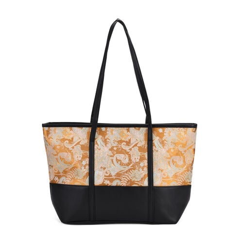 Libellenmuster-Tote-Bag, große Kapazität, mit Reißverschluss und Innentasche, 48x29x14 cm, Polyester mit PU-Leder, Gelb image number 0