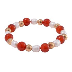 Flexibles rotes Achat und weißes Süßwasserperlen-Armband - 90 ct.