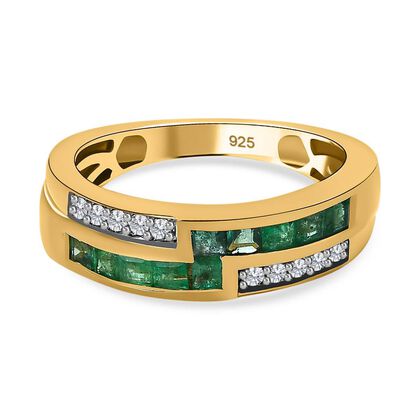 Kagem Sambischer Smaragd, wei&szlig;er Zirkon Ring, 925 Silber vergoldet, (Gr&ouml;&szlig;e 19.00) ca. 0.91 ct