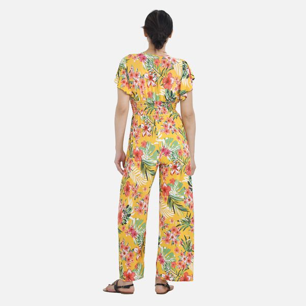 Jumpsuit mit gesmokter Taille und Flatterärmel, gelbes Blumenmuster image number 2