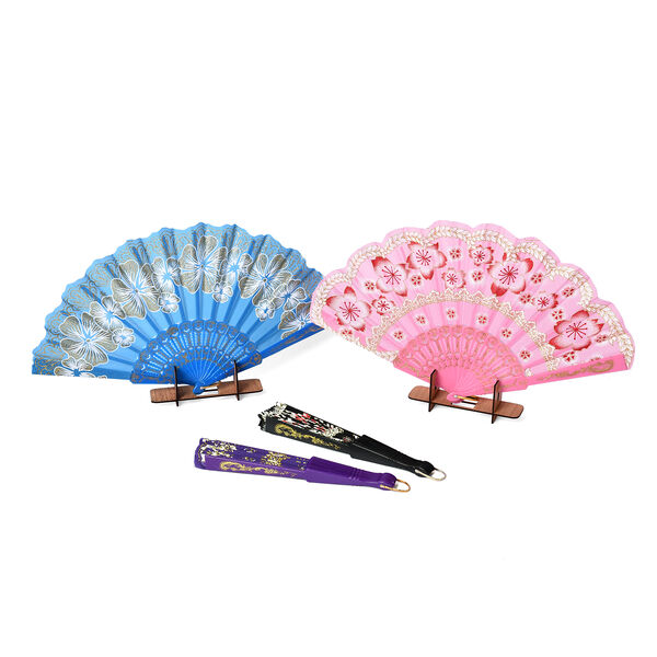 4er - Set Handf&auml;cher im japanischen Stil, t&uuml;rkis, Lila, Rosa, Wei&szlig; image number 1