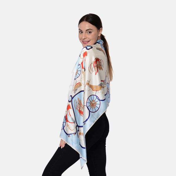 LA MAREY: Bedruckter Schal aus 100% Maulbeerseide, Kutschenmuster, inkl. Geschenkbox, Hellblau-Beige image number 2