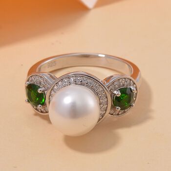 Wei&szlig;e Muschelkernperle, Nat&uuml;rlicher Chromdiopsid Ring 925 Silber platiniert (Gr&ouml;&szlig;e 16.00)