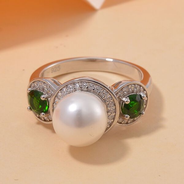 Wei&szlig;e Muschelkernperle, Nat&uuml;rlicher Chromdiopsid Ring 925 Silber platiniert (Gr&ouml;&szlig;e 16.00) image number 1