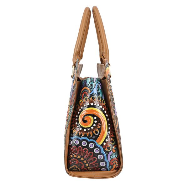 Handbemalte Satchel-Tasche aus 100% Echtleder mit kunstvoller Pr&auml;gung und Mandala-Design, 31x10x23cm, Blau-Tan image number 6