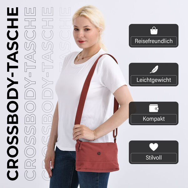 Nylon Crossbody Tasche mit Reißverschlussfächern, verstellbarem Schulterriemen, Rot image number 2