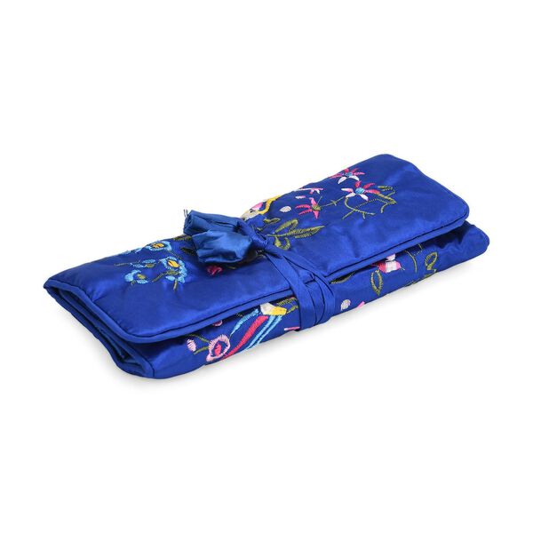 Reise-Schmuckrolle mit Stickmuster 1 Organizer + 5 Silberputztücher, Satin,  Blau image number 6