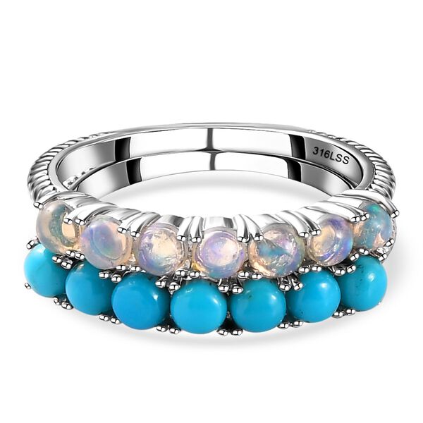 2er Set - Sleeping Beauty T&uuml;rkis und nat&uuml;rlicher, &auml;thiopischer Opal Ring, Edelstahl, ca. 1,44 ct