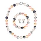 3er Set - Mehrfarbige Muschelkernperle Halskette ca. 50 cm, Armband-verstellbar, und Ohrringe Schmuckset, 316L Edelstahl