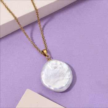 Wei&szlig;e S&uuml;&szlig;wasser Perle Anh&auml;nger mit Kette, ca. 50 cm 316L Edelstahl, Goldfarben